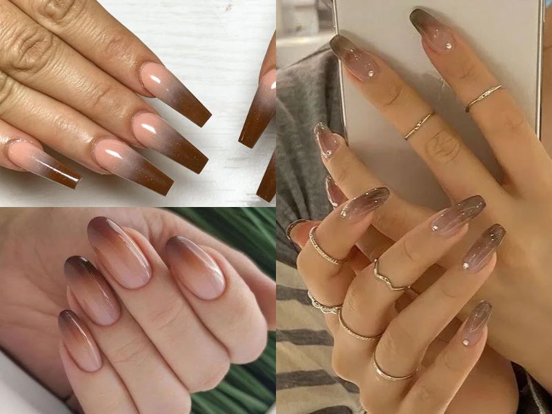 Nail nâu ombre có hiệu ứng chuyển màu gradient rất tinh tế 