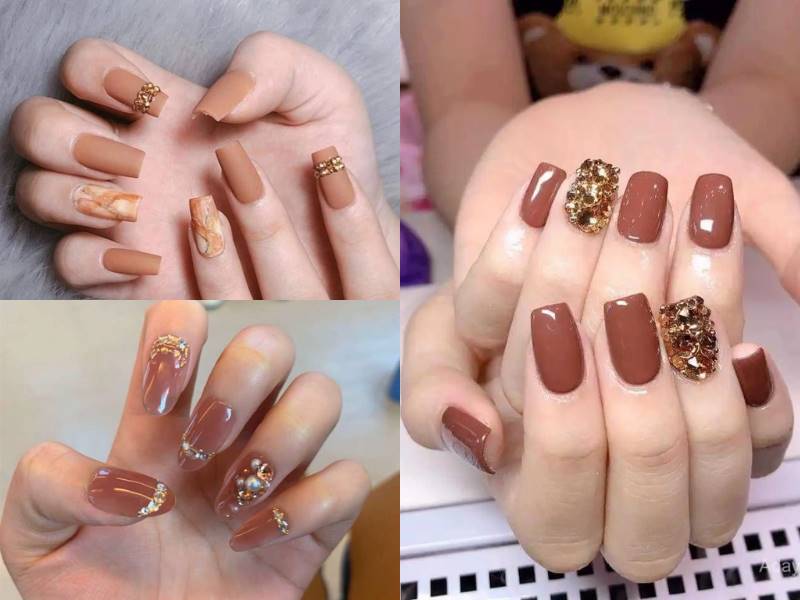 Nail nâu đính đá sang trọng và tinh tế 