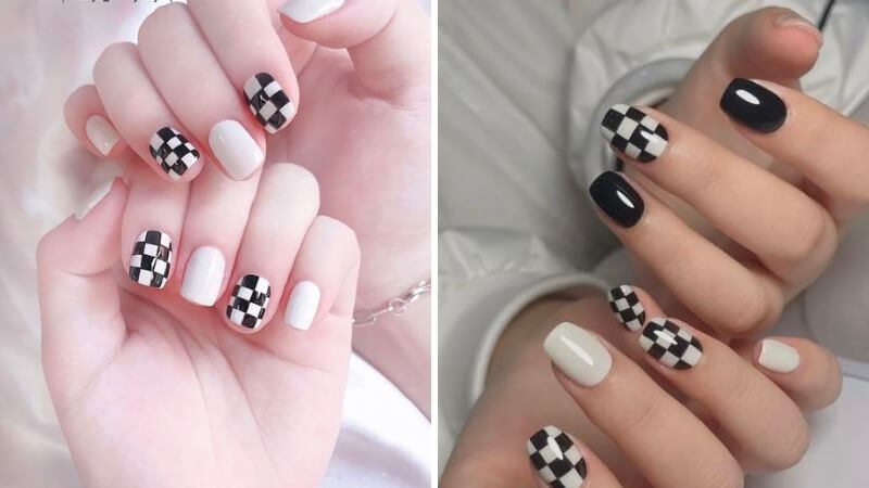 Nail trắng họa tiết caro nổi bật