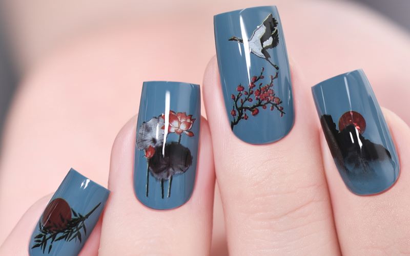 mẫu nail phong cảnh màu xanh 