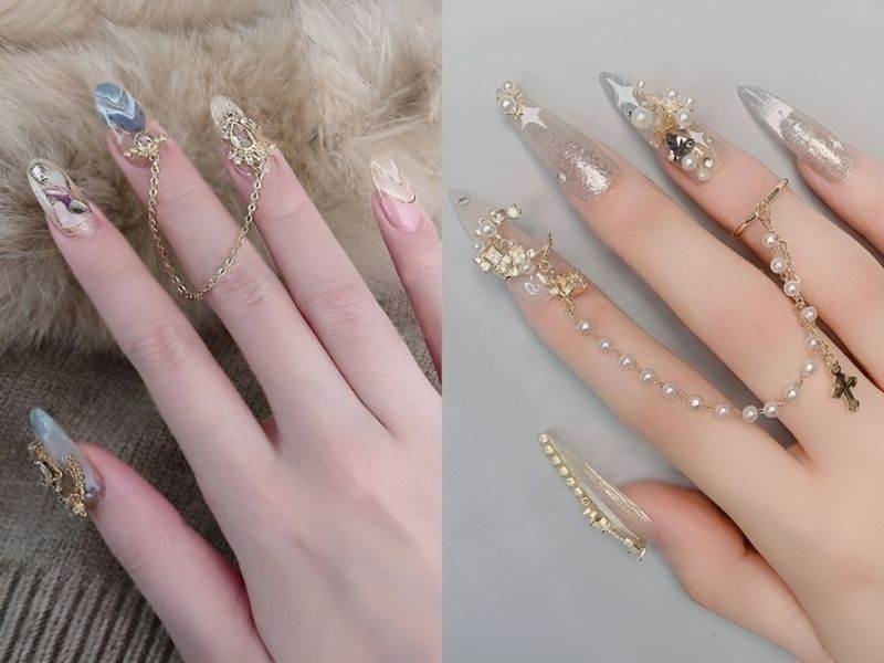 Mẫu nail đính charm cầu kỳ cho ngày Tết 