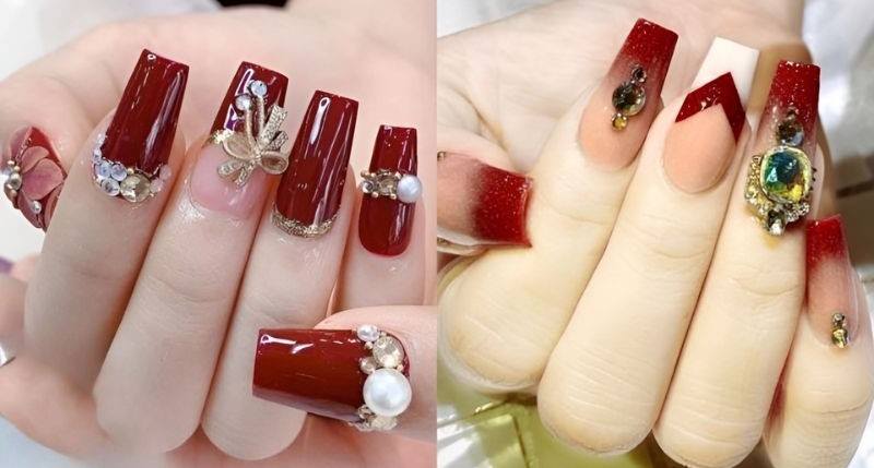 Mẫu nail ngày Tết màu đỏ kết hợp đính đá cầu kỳ