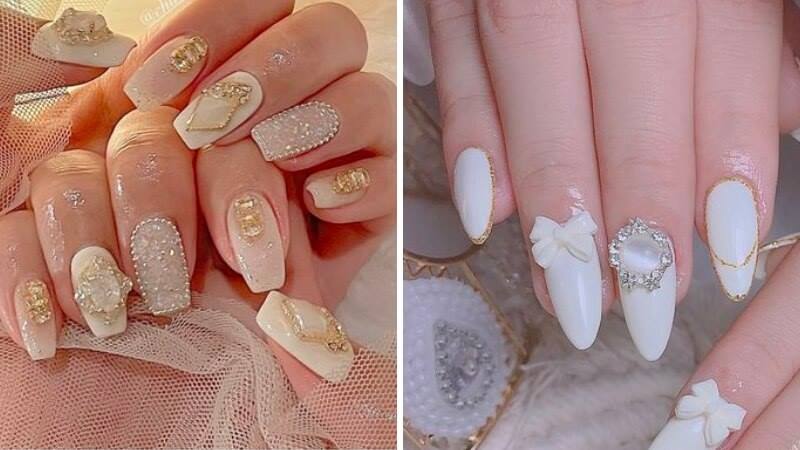 Nail trắng đính đá đẹp dành cho cô dâu