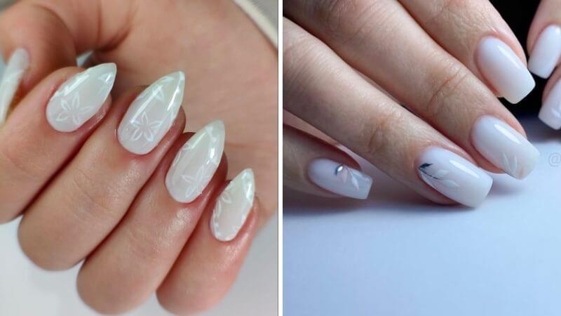 Nail trắng sữa họa tiết hoa lá đẹp mắt