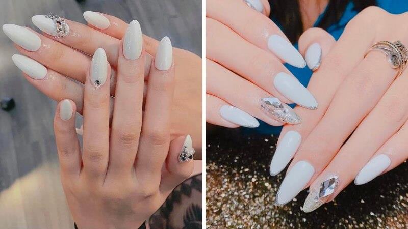 Nail trắng đính đá nổi bật cho cô dâu