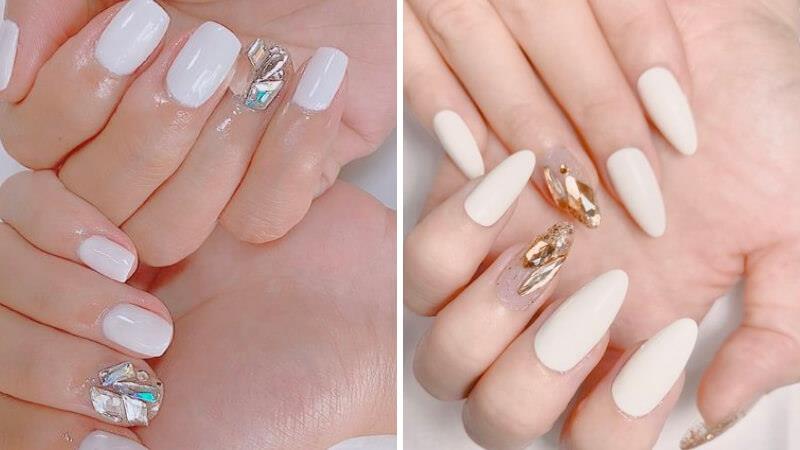 Nail trắng đính đá sang trọng, đậm chất quý phái