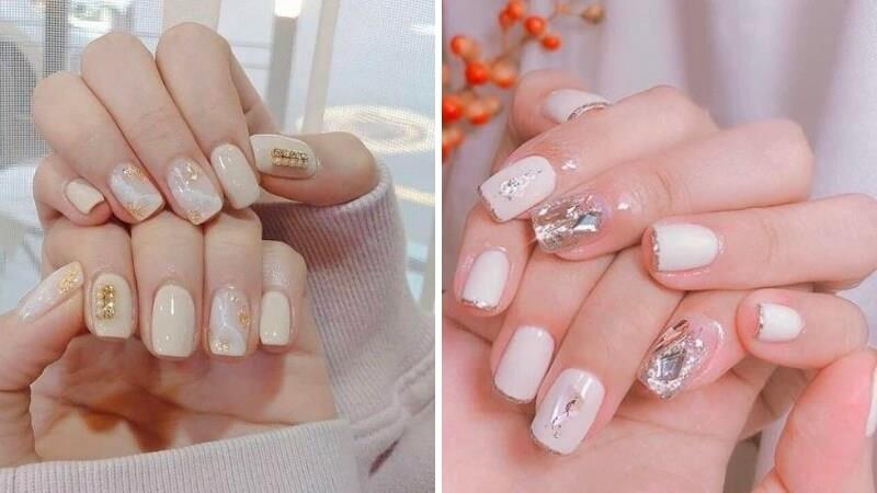 Nail trắng đính đá tinh giản