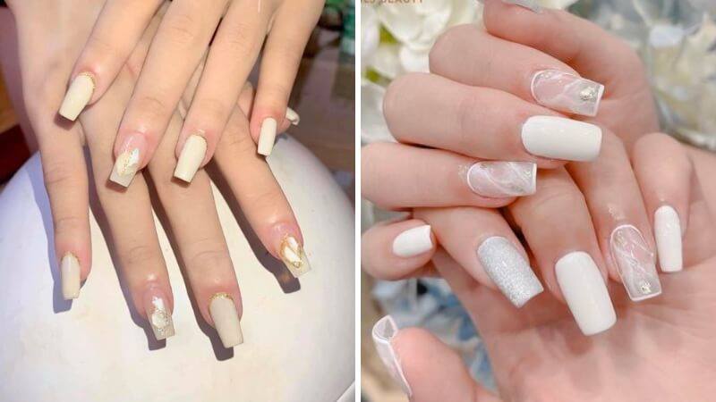 Nail trắng với họa tiết sang trọng và tinh tế