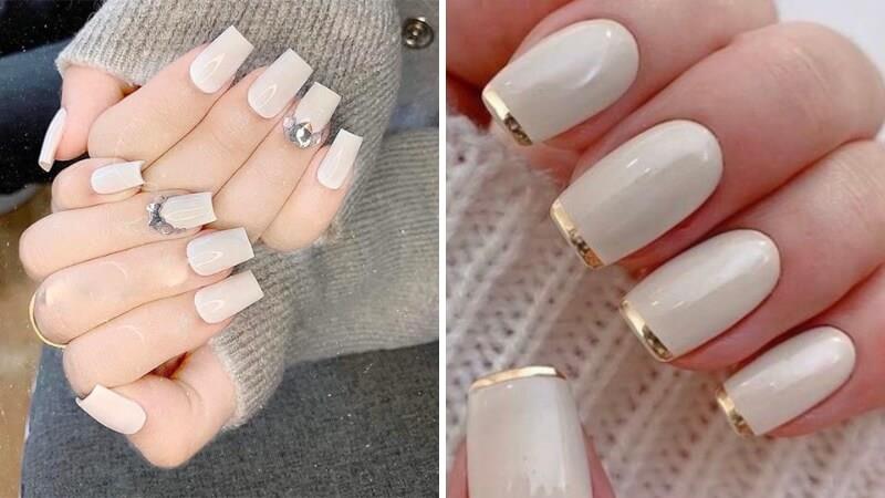 Nail trắng sữa giản dị với điểm nhấn đá đính hoặc viền nổi bật