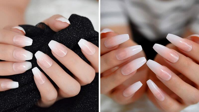 Nail trắng pha hồng dịu dàng, xinh xắn