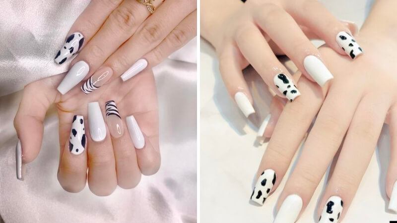 Nail trắng họa tiết chấm đen giống bò sữa