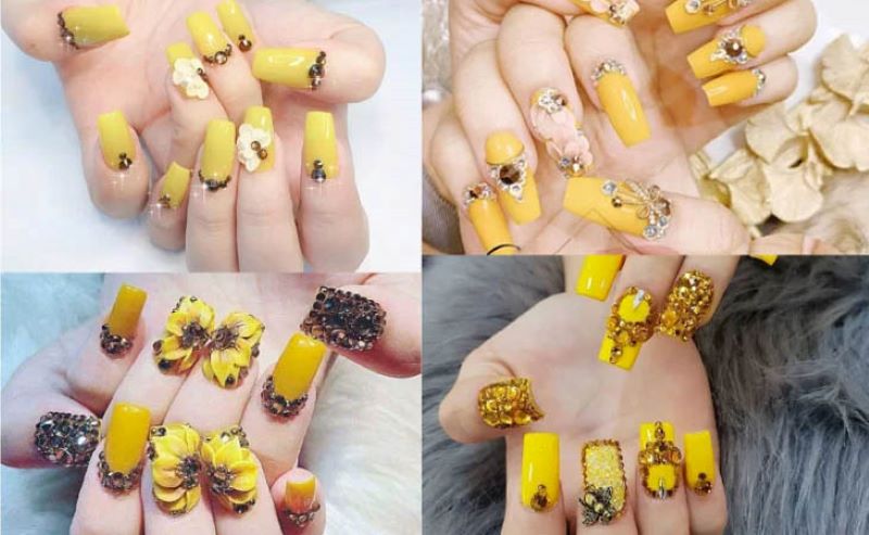 nail màu vàng đính đá hoa bột