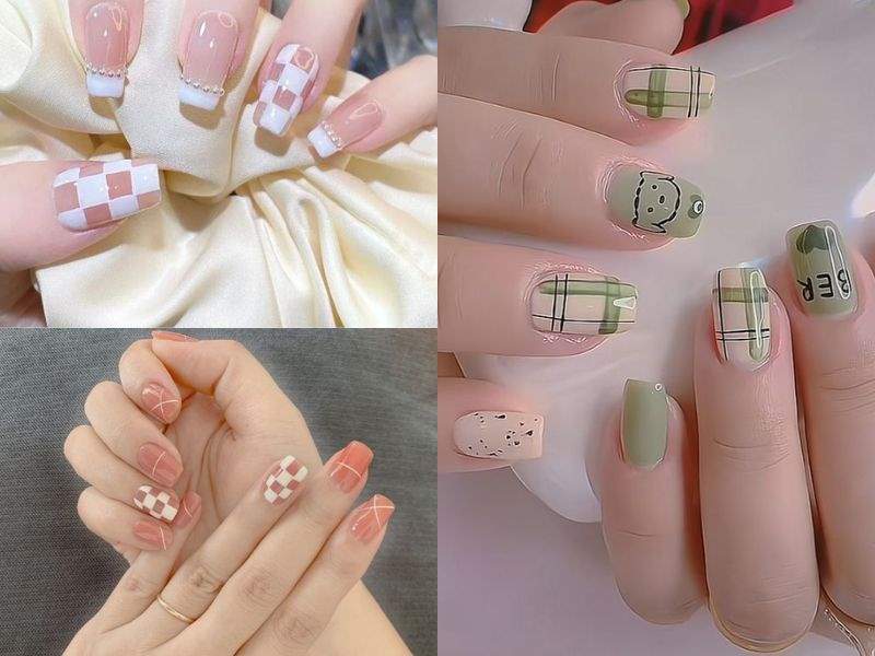 Mẫu nail vuông xinh hoa văn caro