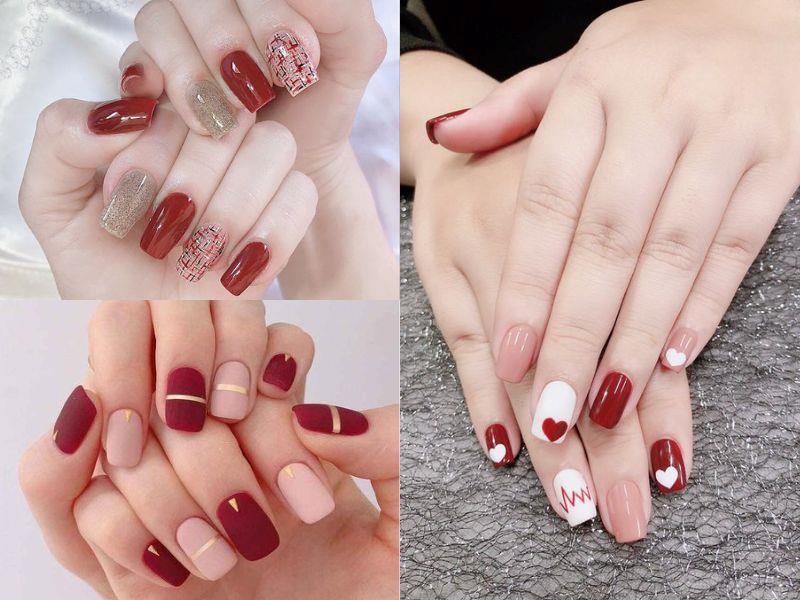 Mẫu nail vuông đẹp ngắn tone đỏ nhẹ nhàng