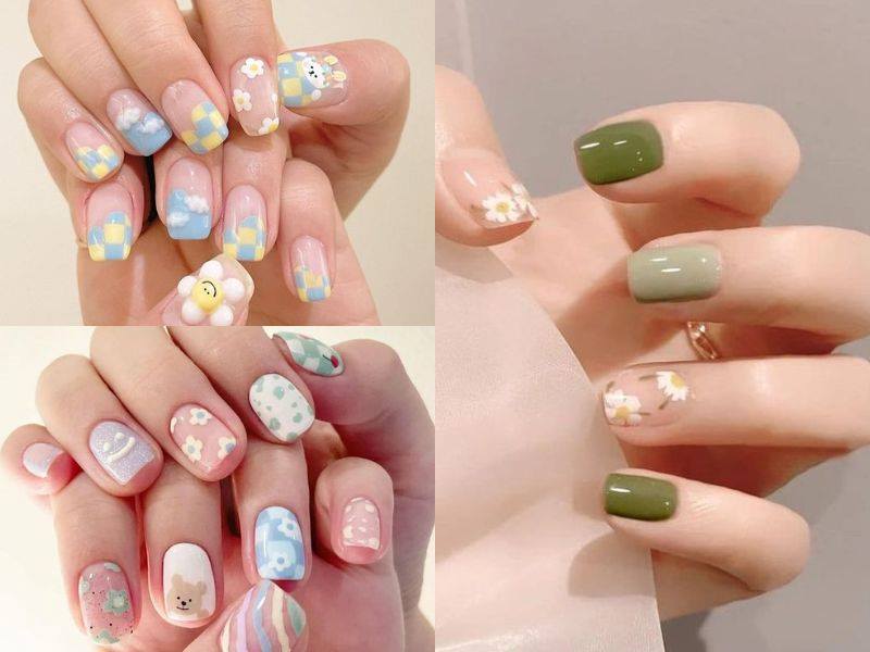 Mẫu nail vuông đẹp vẽ hoa 