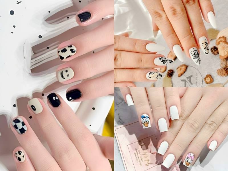 Mẫu nail màu trắng đẹp mix họa tiết 