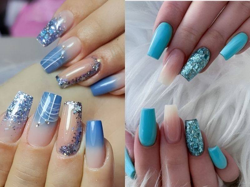 Mẫu nail lấp lánh kim tuyến màu xanh dương