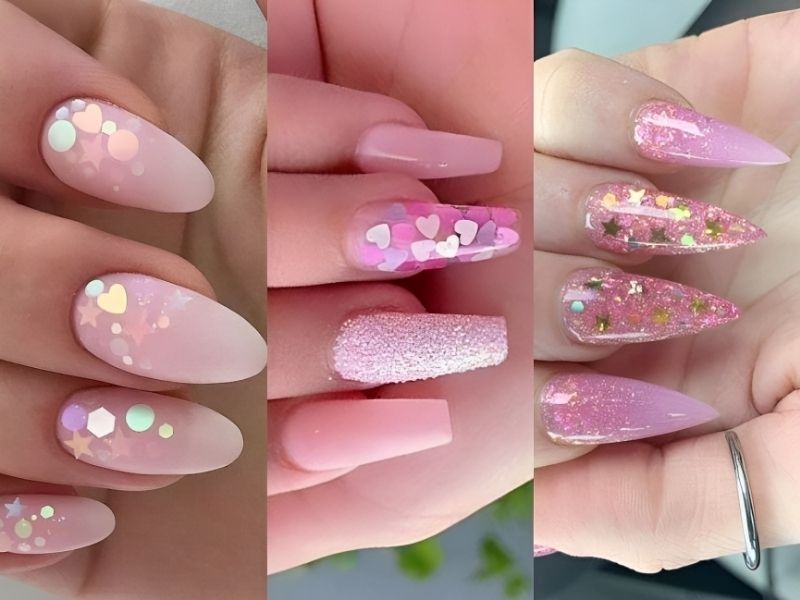 mẫu nail xinh kim tuyến màu hồng 