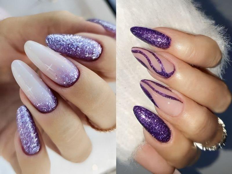 Mẫu nail lấp lánh kim tuyến màu tím đẹp mắt 