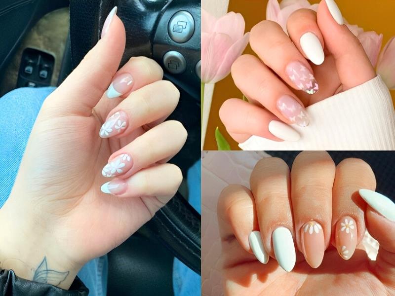 Mẫu nail màu trắng đẹp hoa nhí