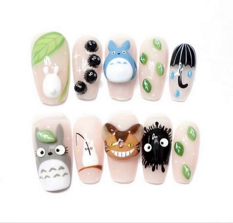 mẫu nail hoạt hình totoro in nổi đáng yêu