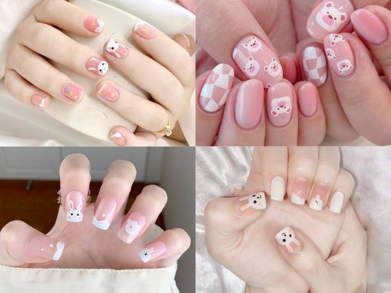 Mẫu nail màu hồng thạch cực dễ thương với họa tiết con vật 