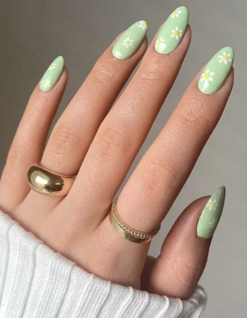 nail hoa cũ trắng mix xanh mint