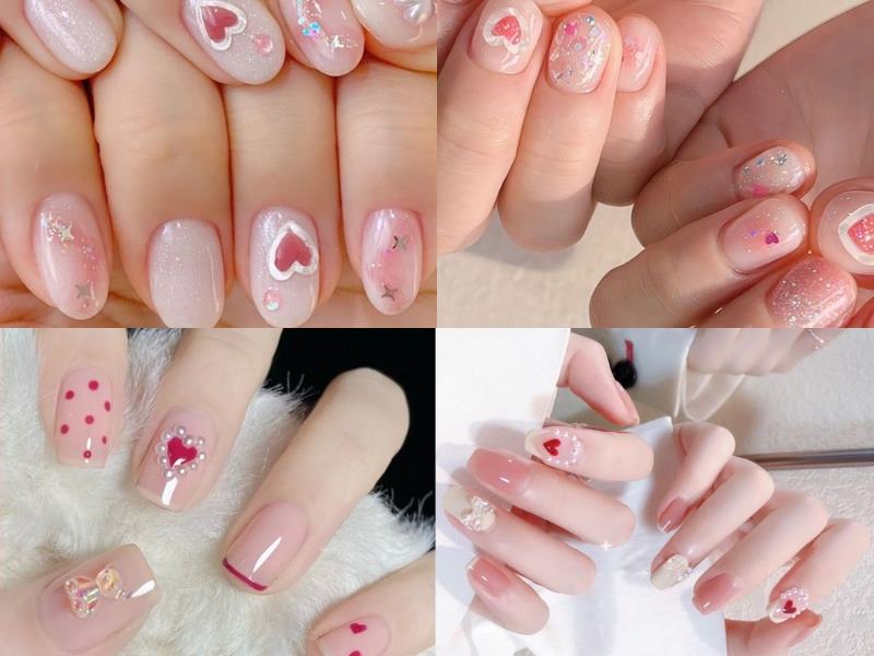 Kiểu vẽ nail trái tim đơn giản có thể kết hợp đính ngọc trai, kim tuyến