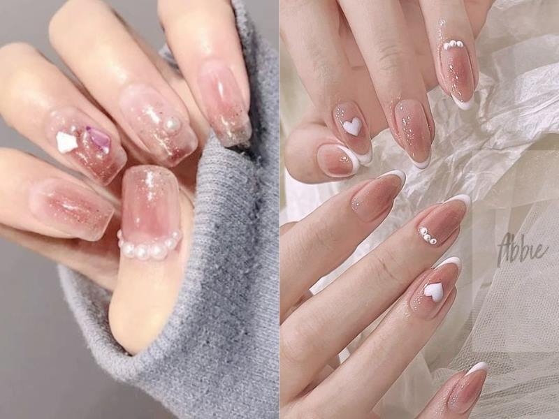 Nail hồng thạch đính charm hạt ngọc sang chảnh, quý phái