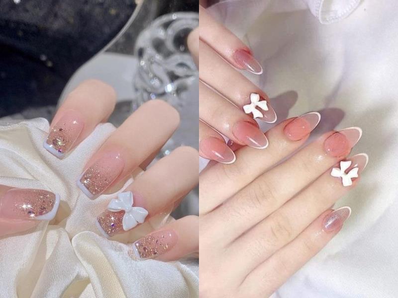 Nail màu hồng thạch đính charm nơ ngọt ngào, nữ tính, duyên dáng cho các bạn nữ 