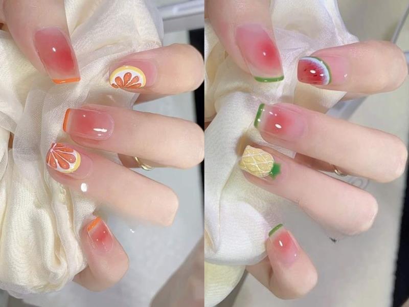 Nail vẽ trái cây lên móng màu hồng thạch cực kỳ ngọt ngào, đáng yêu cho mùa hè 