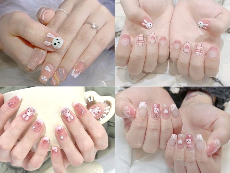 Những mẫu nail màu hồng thạch vẽ con thỏ cực kỳ phù hợp với màu móng hồng thạch