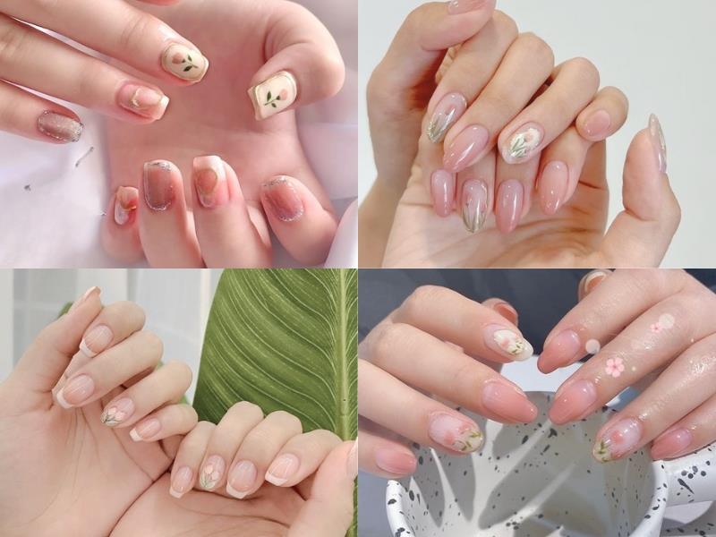 Mẫu nail đơn giản với họa tiết hoa lá thanh lịch, nhẹ nhàng, tự nhiên