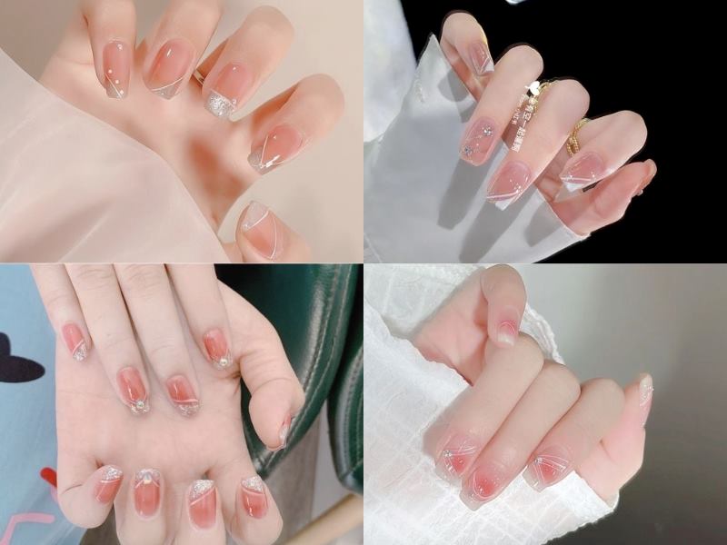 nail màu hồng thạch họa tiết đường kẻ