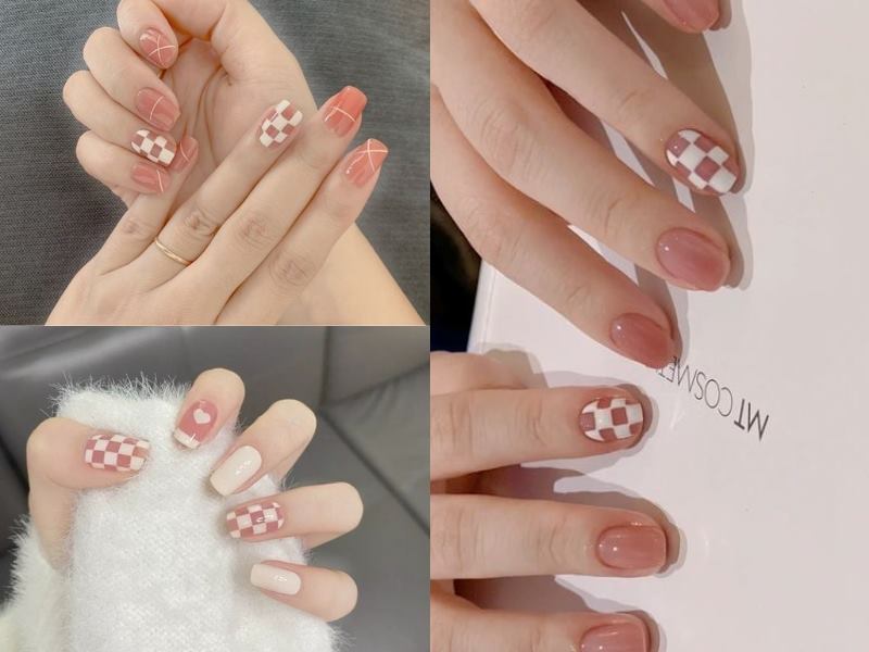 Những mẫu nail kẻ ô tương phản màu hồng thạch và màu trắng sẽ giúp bộ nail thêm nổi bật hơn