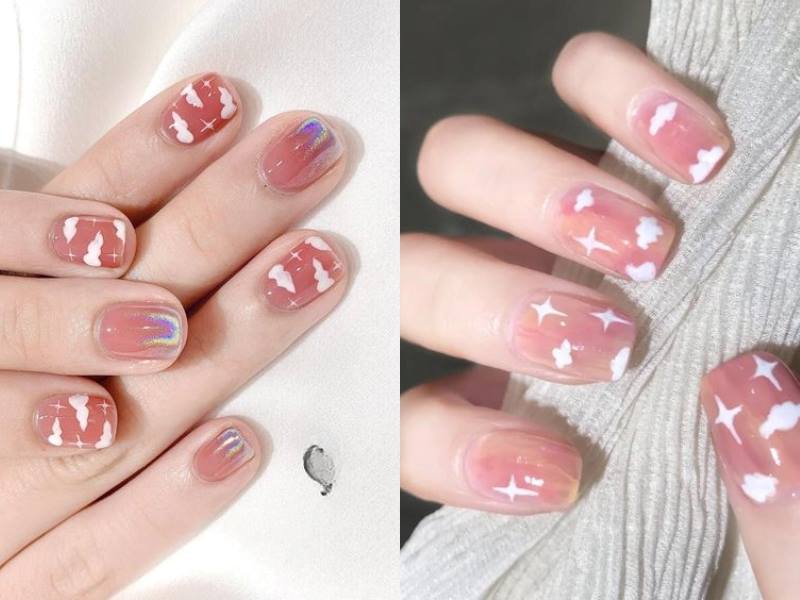 Mẫu nail thạch hồng họa tiết bầu trời trắng vừa đáng yêu, vừa nữ tính