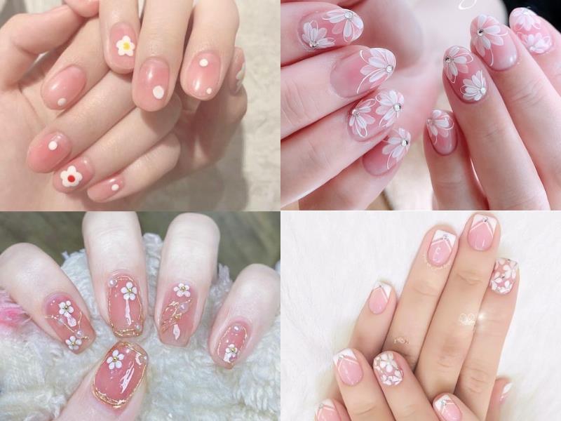 Mẫu nail màu hồng thạch vẽ họa tiết hoa trắng thanh lịch, ngọt ngào