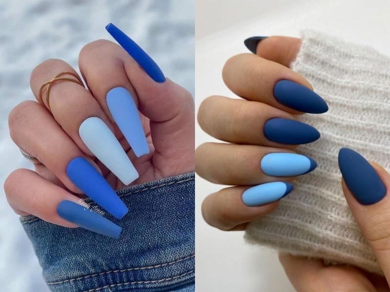 Mẫu nail trơn màu xanh da trời cho nàng móng dài 