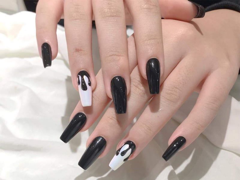 mẫu nail đen trắng cho móng dài