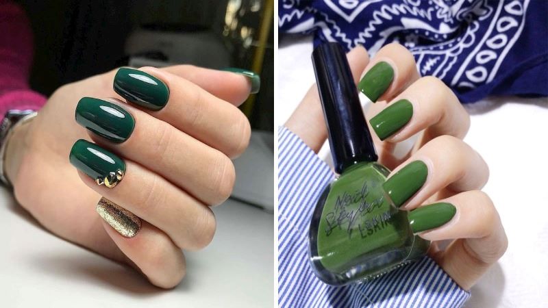 nail màu xanh rêu mẫu trơn