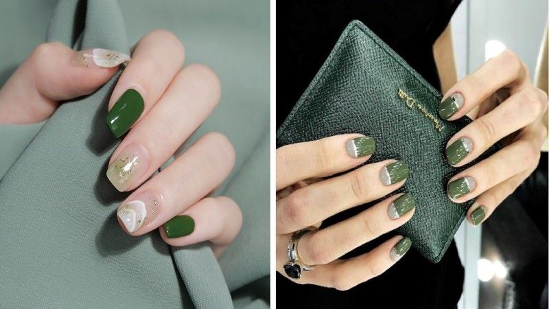 Nail màu xanh rêu hoạ tiết