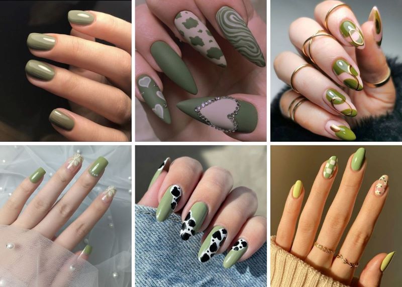 Nail màu xanh rêu hoạ tiết xinh