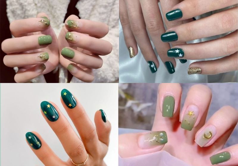 Nail màu xanh rêu hoạ tiết và ombre